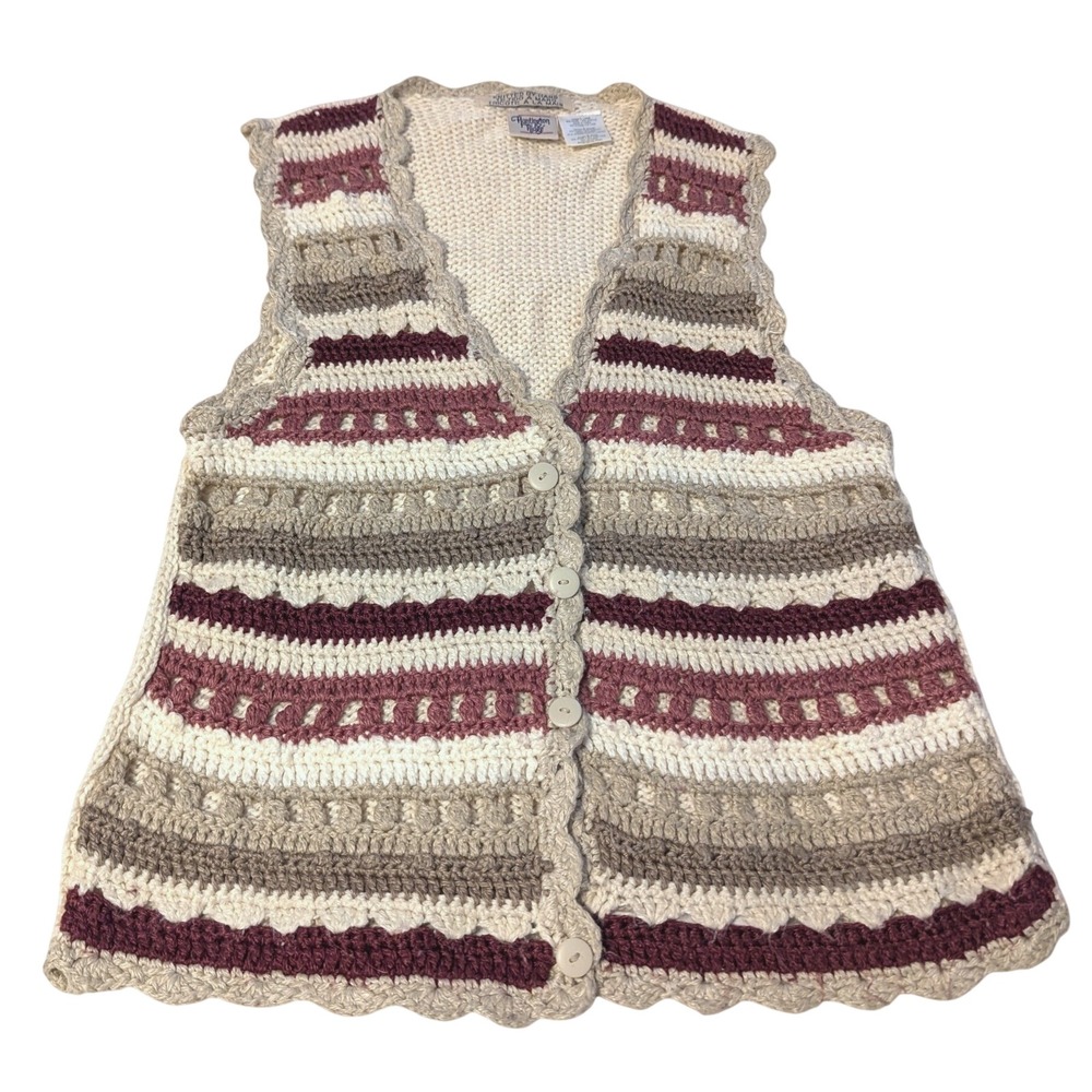 Huntington Ridge Womens Large Hand Knitted Striped Crochet Button Front Vest L